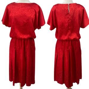 Vintage 80s Brocade Midi Dress Embossed Floral Pattern Blouson Pleated Red 10